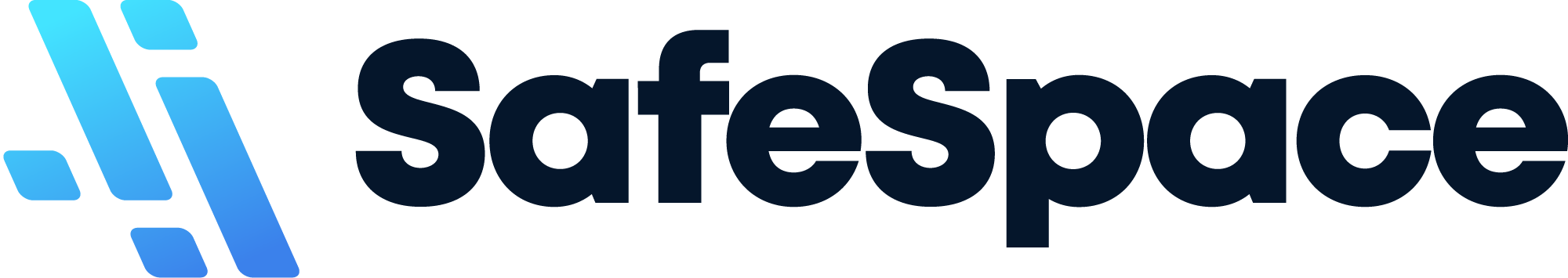 The image shows the SafeSpace logo with a geometric blue icon on the left and the word "SafeSpace" in bold, dark letters on the right.